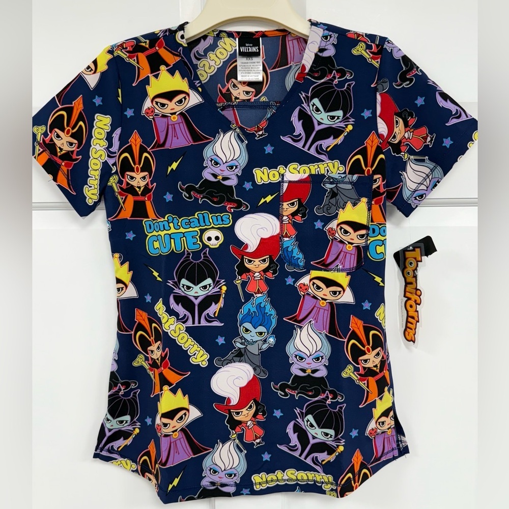 NWT Cherokee Disney Villains Scrub Top XXS Navy Ursula Maleficent Scrubs Nurse